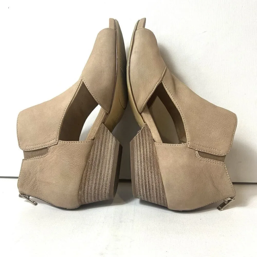 Naturalizer Womens 7.5M Wedge Wood Heel Zip Up Wrap Bootie Beige Nubuck Peep Toe
